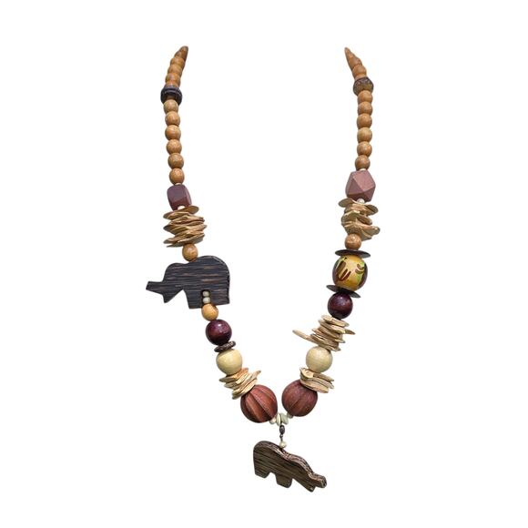 VTG 70s Boho Tribal Necklace Wood Beads Carved Elephant Pendant Earthy Artisan - Picture 14 of 14